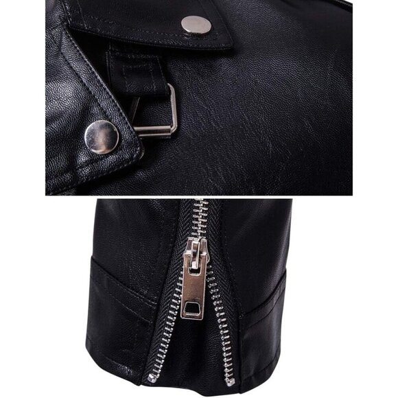 Men Black PU Leather Belted Motorcycle Jacket Zipper Biker Coat - Picture 6 of 6